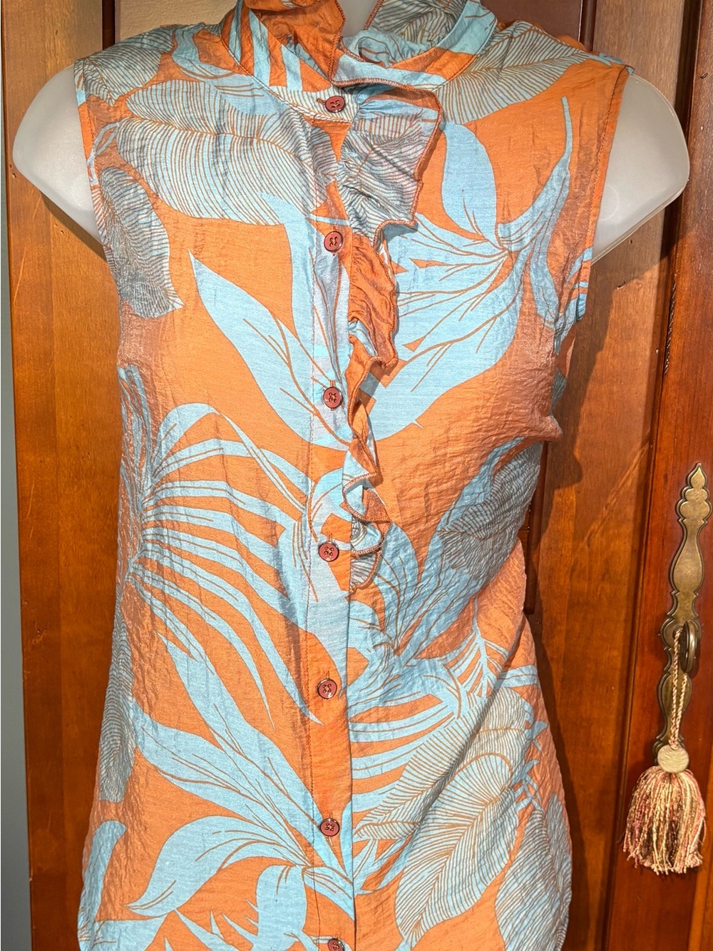 CAbi Orange and Light Blue Tropical Ruffle Button Sleeveless Top
